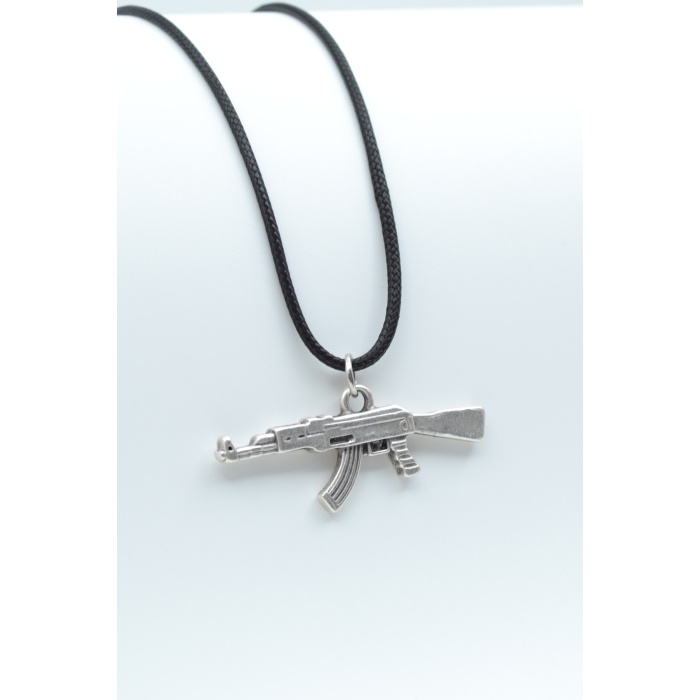 Pubg Keleş Ak-47 Kalaşnikof Gümüş Kaplama Deri İp Kolye