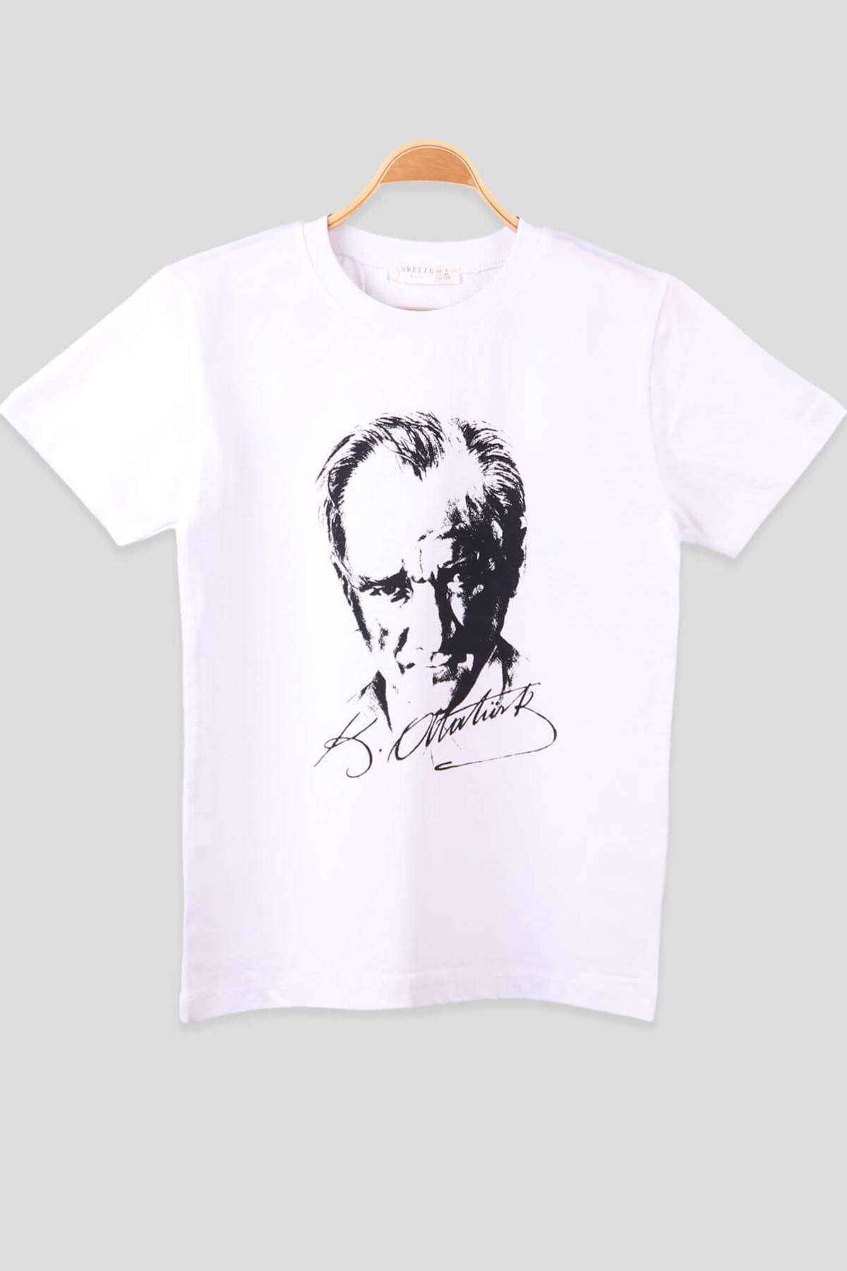 Atatürk ve İmzası Baskılı Yuvarlak Yaka Penye Çocuk Genç Beyaz T-shirt