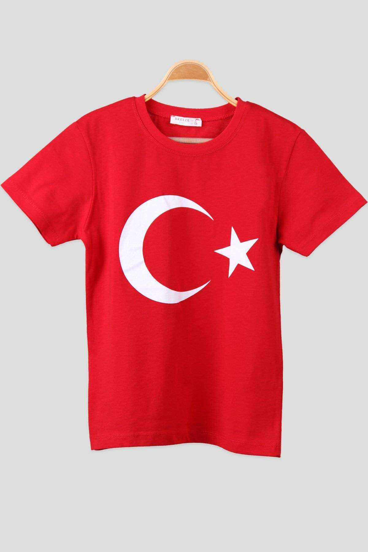 Ay Yıldız Bayrak Baskılı Yuvarlak Yaka Penye Çocuk Genç Kırmızı T-shirt