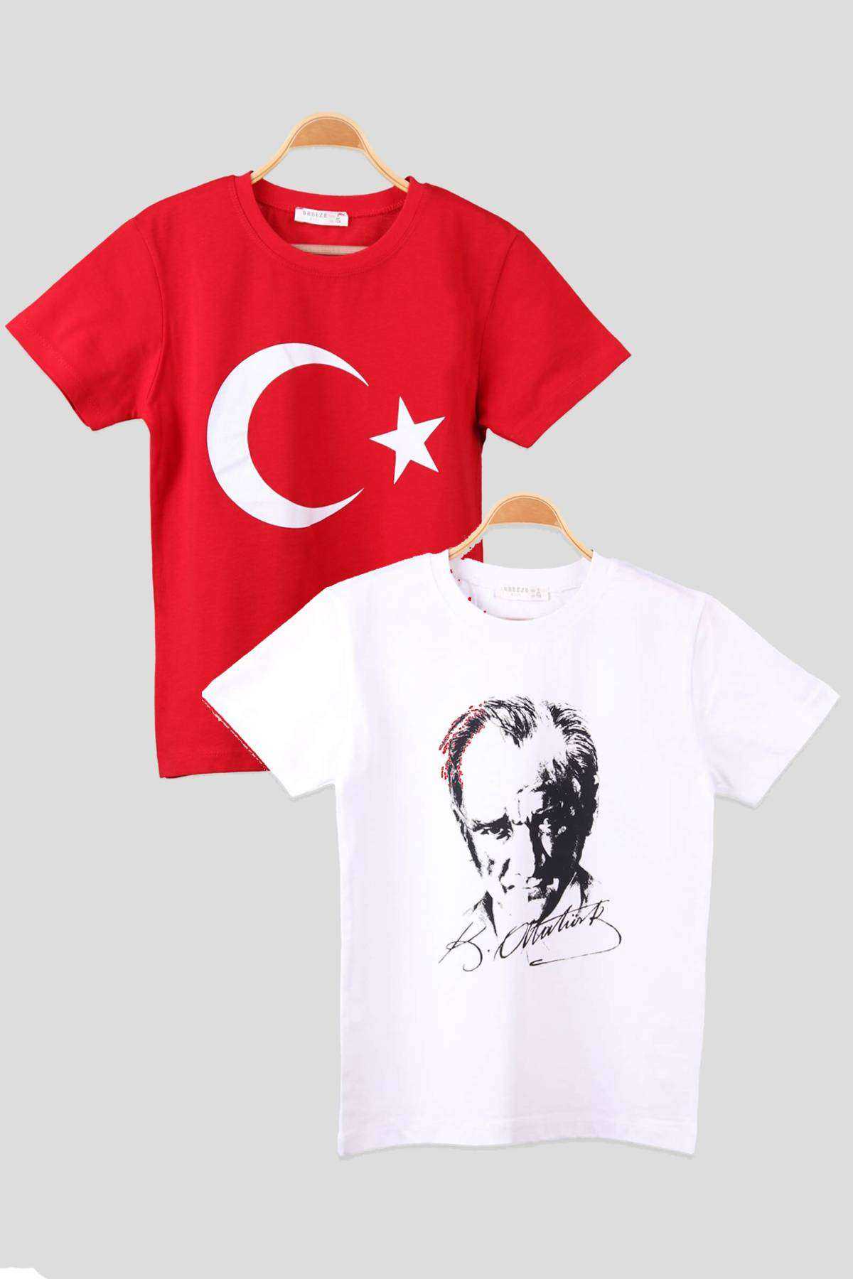 Atatürk ve İmzası Ay Yıldız Bayrak Baskılı Kombin Penye Çocuk Genç Beyaz Kırmızı T-shirt