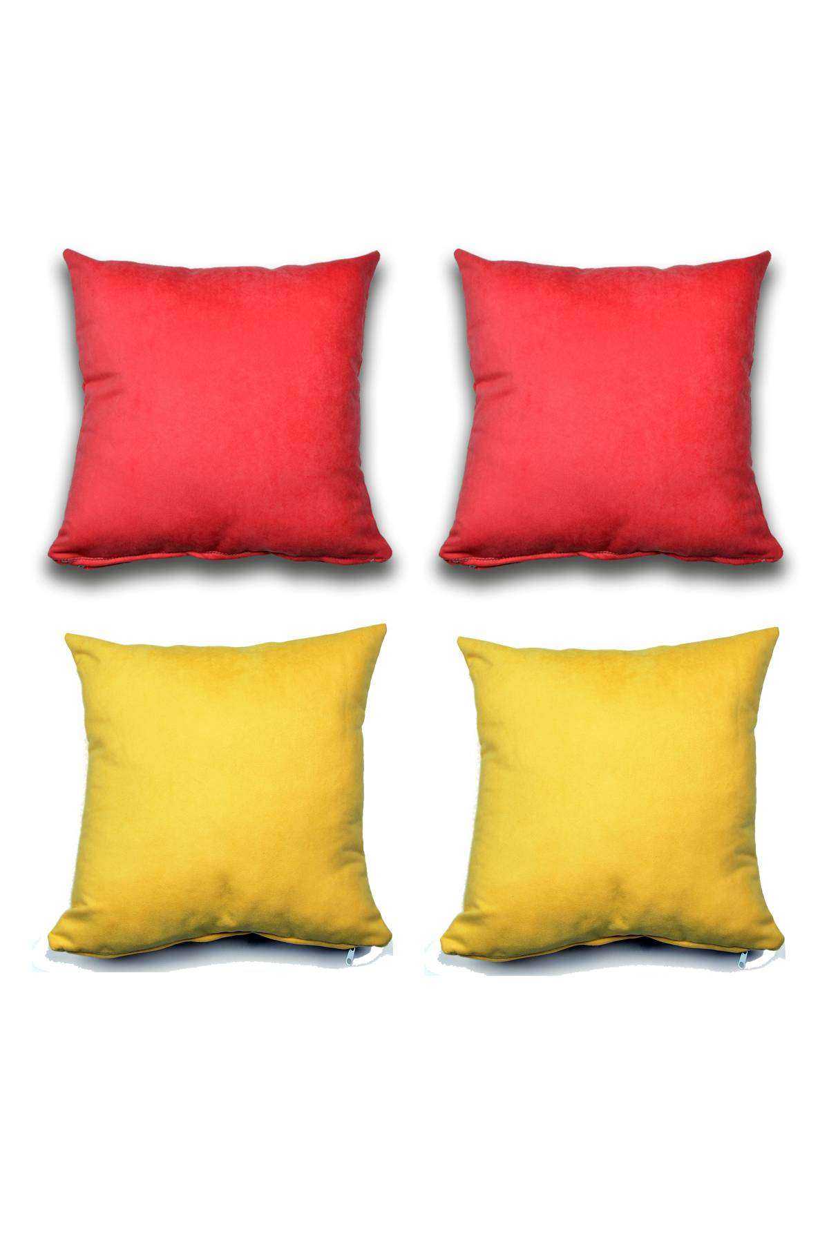 4 adet Süet Kırlent Minder Kılıfı 40X40cm Açık Kırmızı Hardal Sarısı
