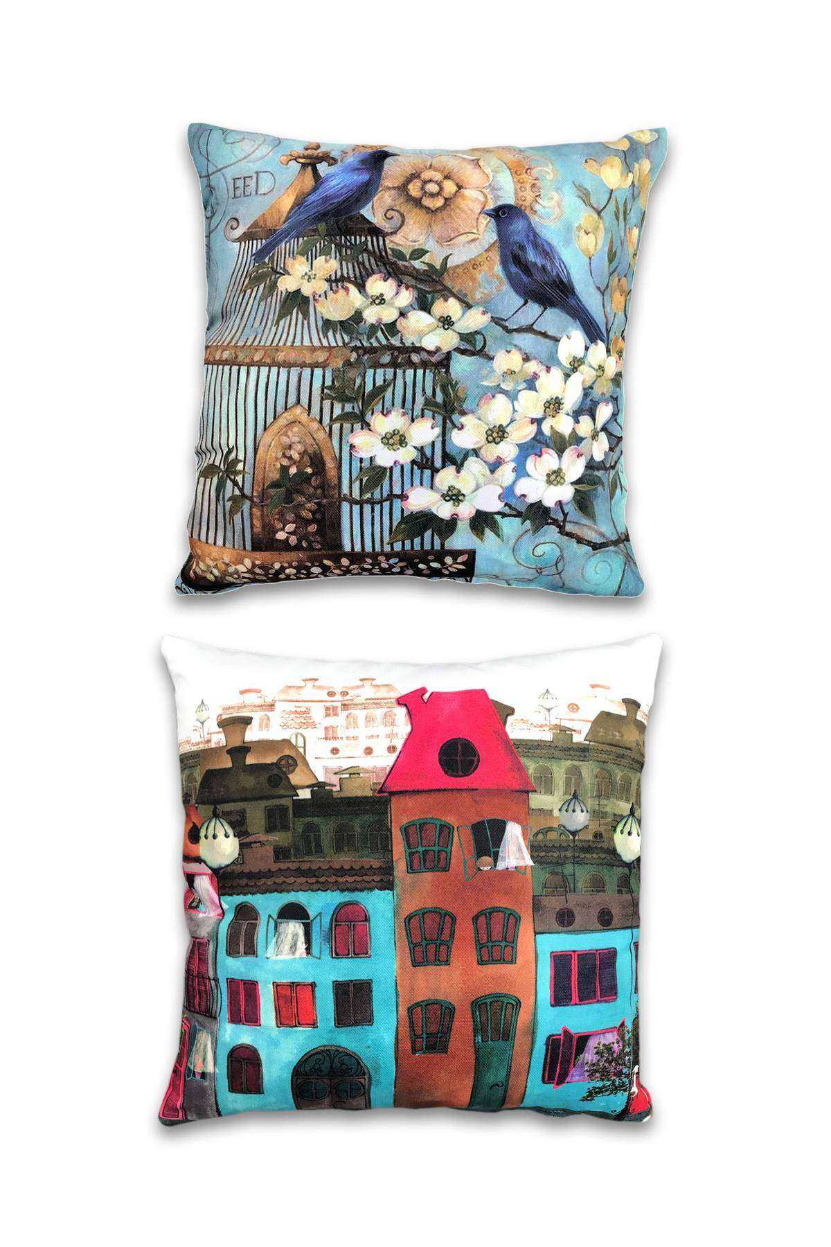 2 li Çift Taraf Baskı Petek Kumaş Kırlent Minder Kılıfı 43x43 S8