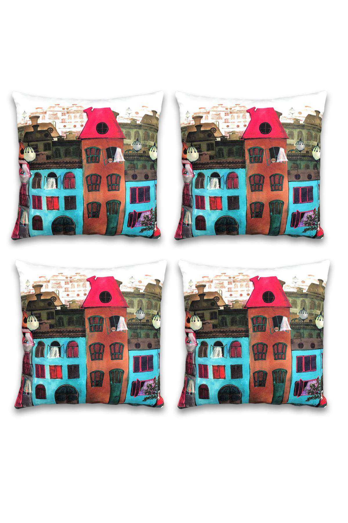 4 lü Çift Taraf Baskı Petek Kumaş Kırlent Minder Kılıfı 43x43 S4