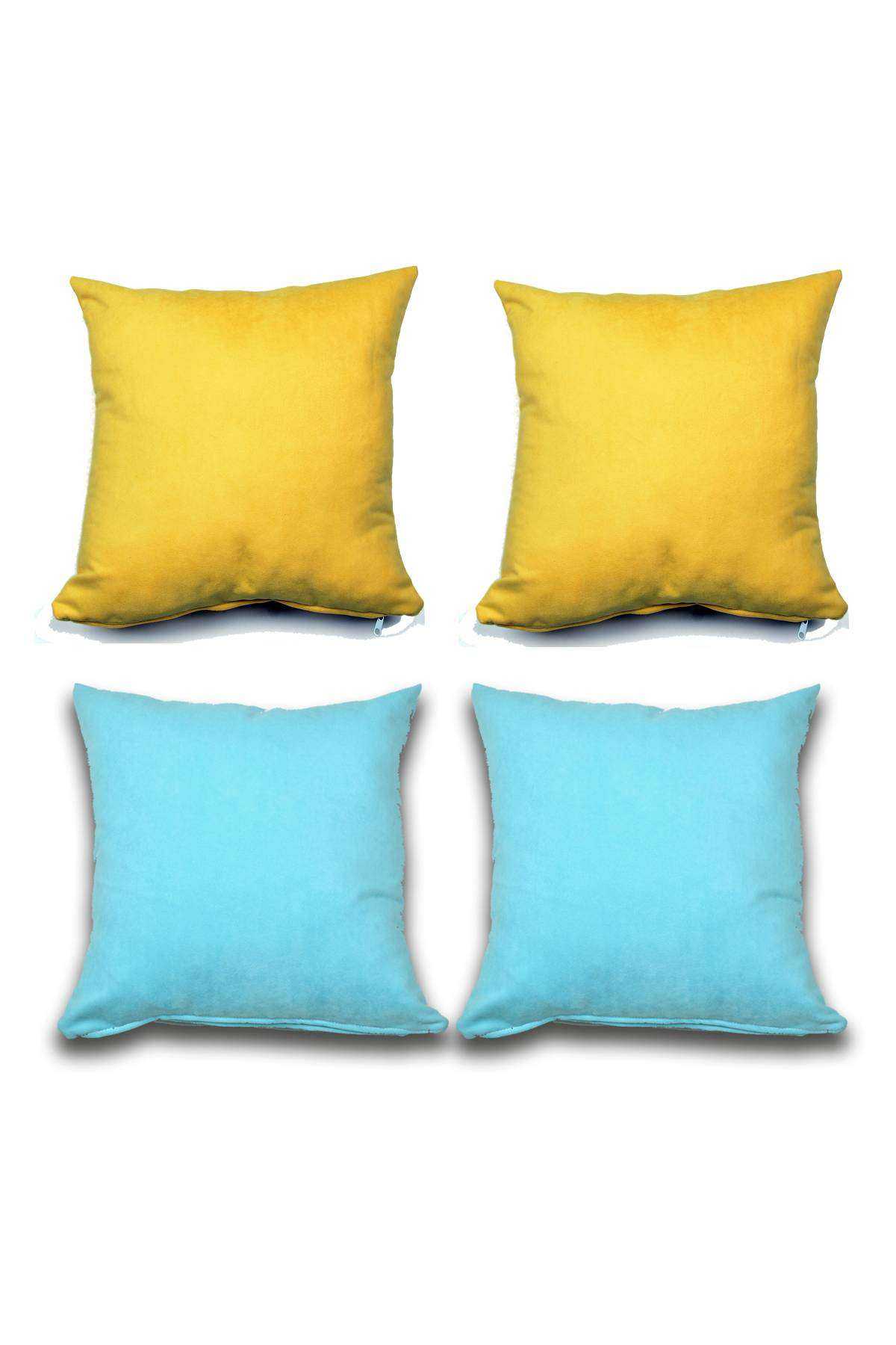 4 adet Süet Kırlent Minder Kılıfı 40X40cm Hardal Sarısı Turquaz