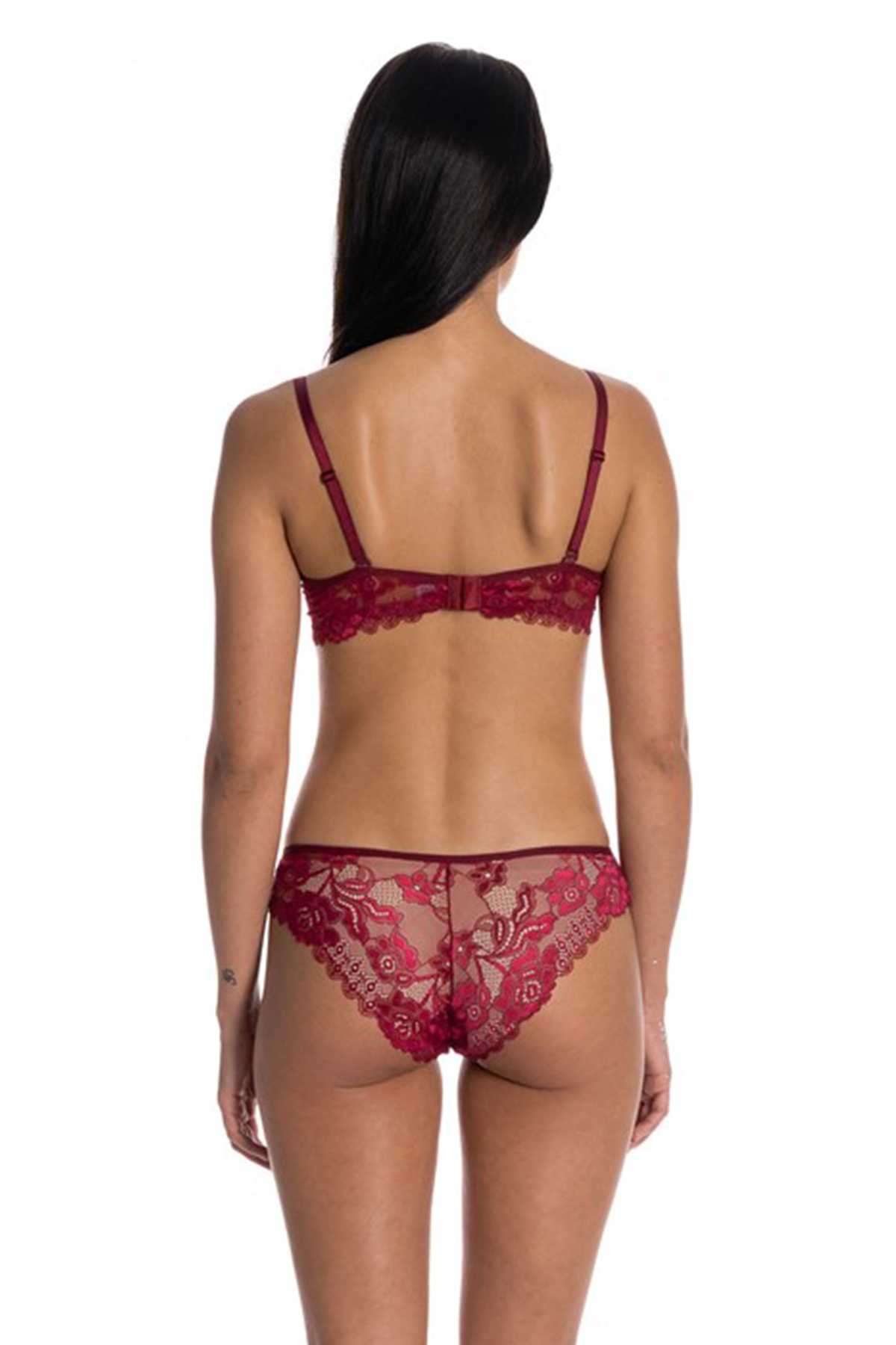 Dolgulu Full Dantelli Sütyen Takımı Bordo