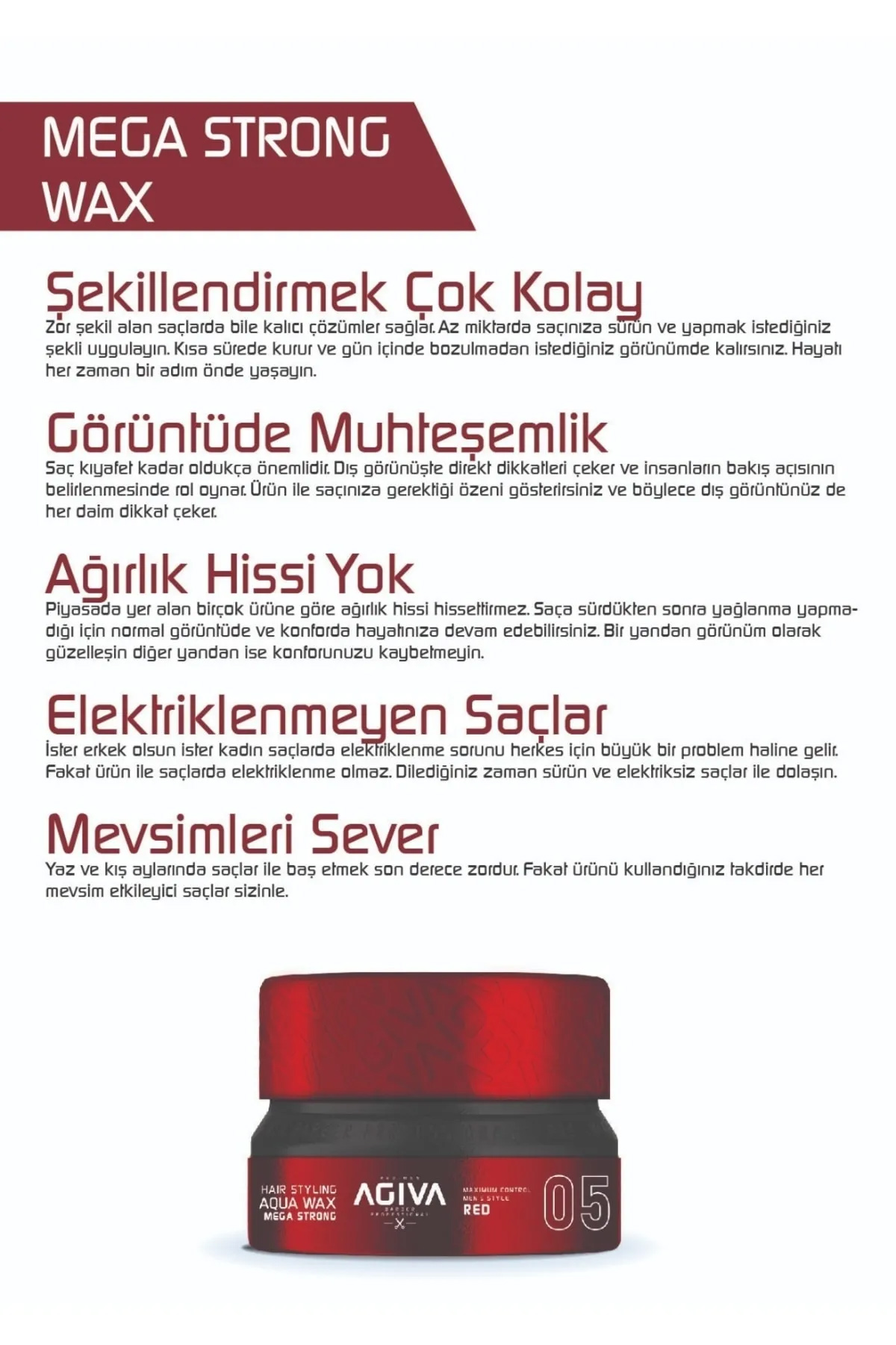 Agiva Hair Wax 155 Ml Mega Tutuş Daha Sert Görünümlü Saç Şekillendirci05 RED