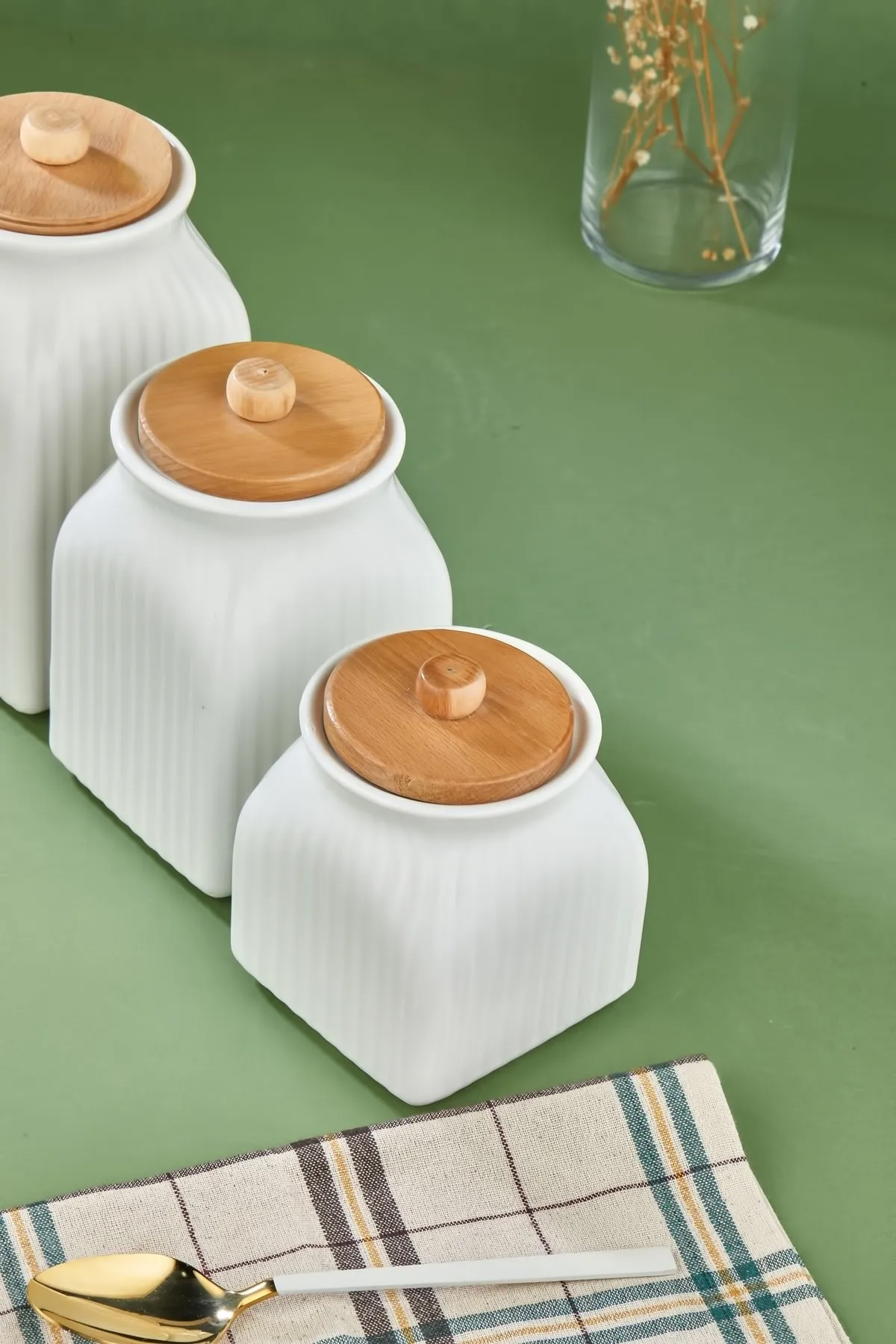 3 Boy Porselen Bambu Kapaklı Çay Kahve Şeker Kavanozu Saklama Kabı