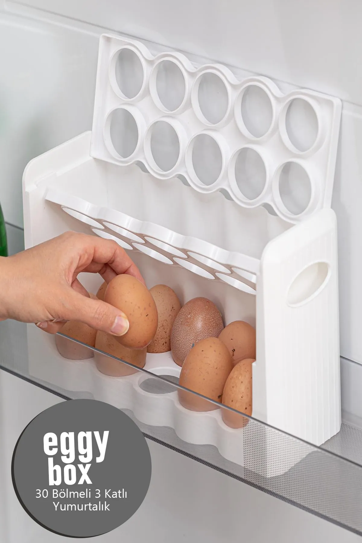 30 Bölmeli Yumurta Kutusu Organizer Yumurtalık 27x17x10 Açılıp Kapanır Yumurta Rafı 3 Katlı Royaleks-BNM-4016