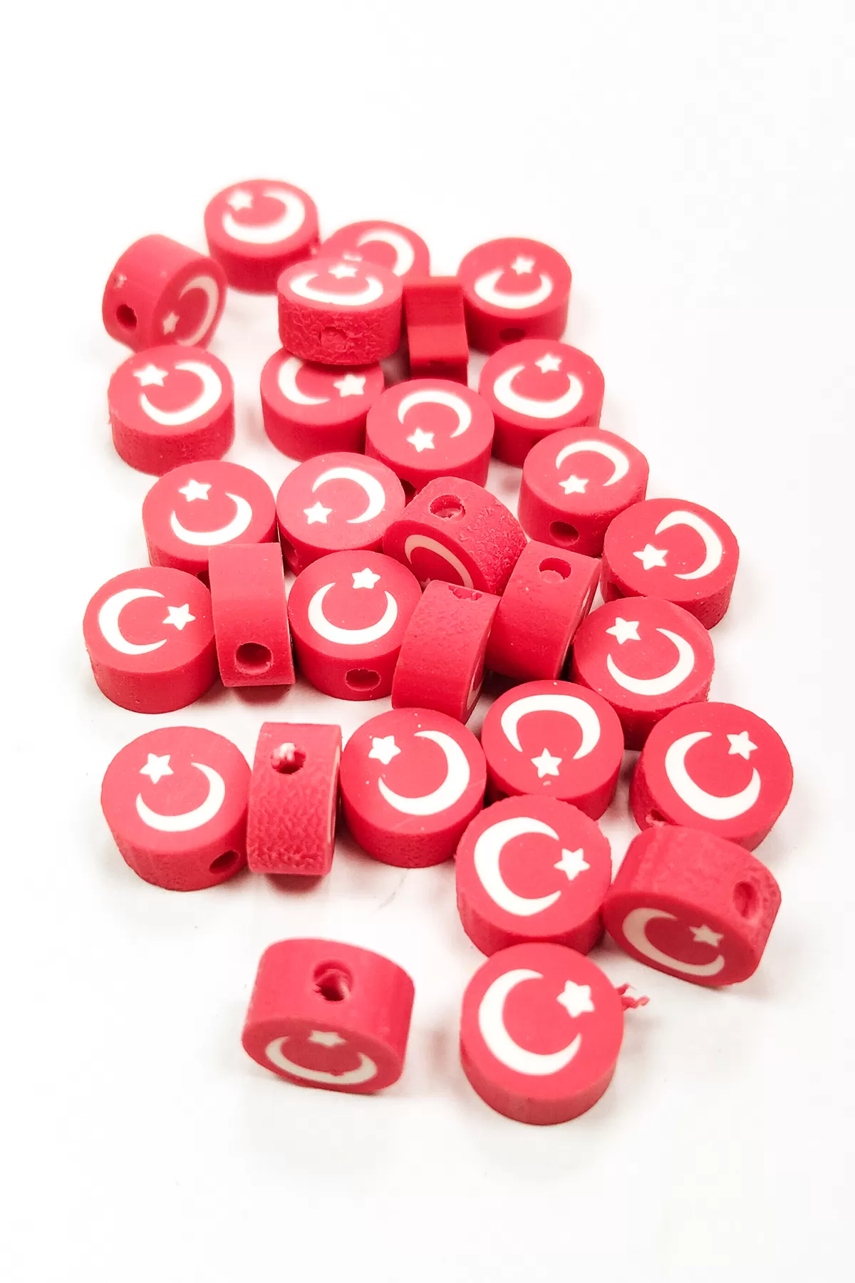 30 Adet 10 mm Polimer Kil Fimo Boncuk Takı Bileklik + 1 Metre Lastikli Misina Hediye - Türk Bayrağı