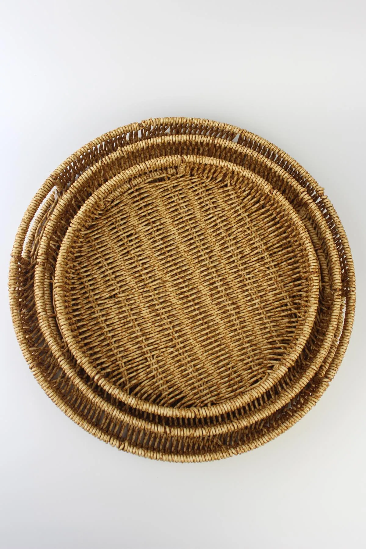 3 lü Rattan Tepsi Dekoratif Tepsi Hasır Örme Tepsi Yuvarlak Royaleks-Alg11332