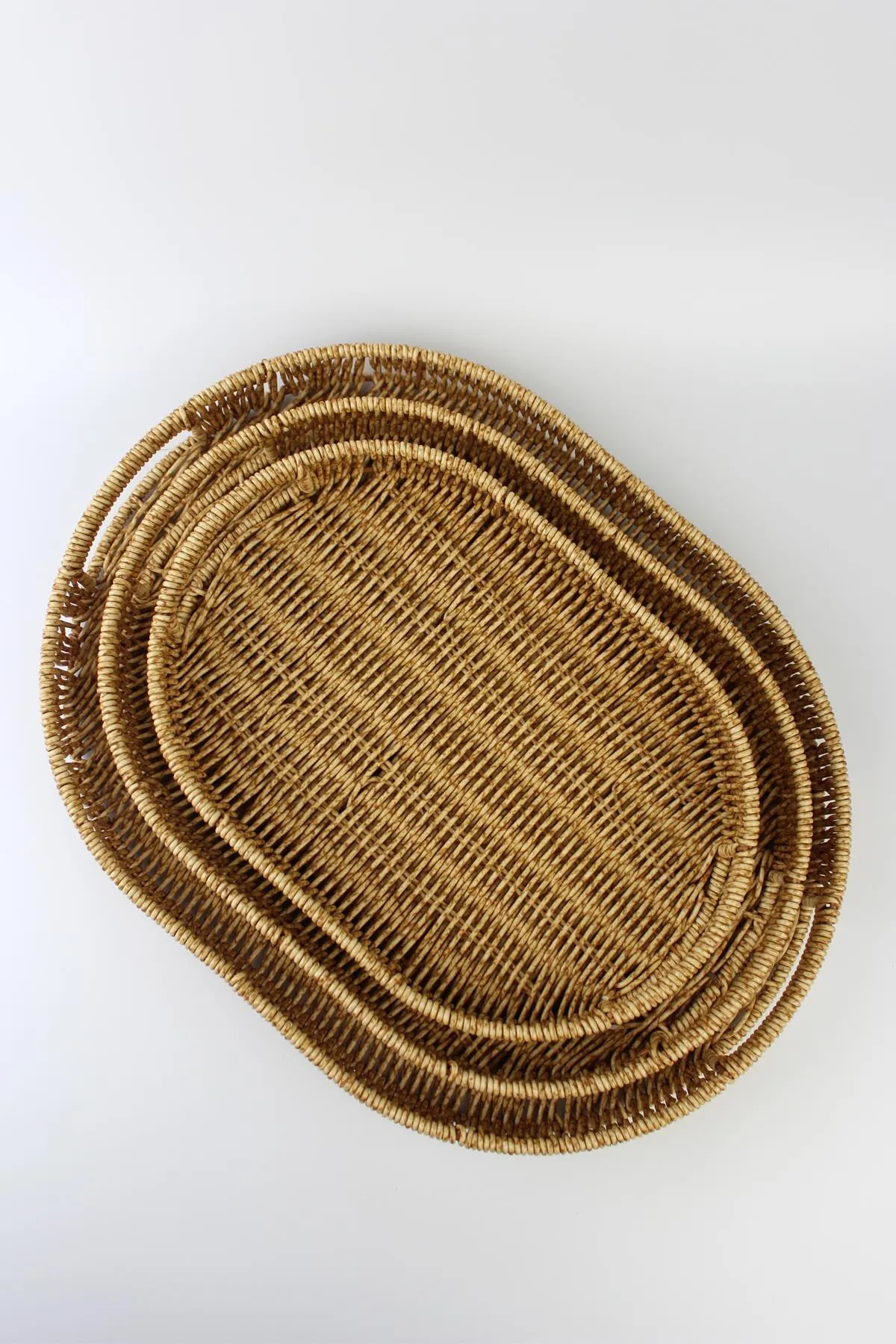 3 lü Rattan Tepsi Dekoratif Tepsi Hasır Örme Tepsi Oval Krem Royaleks-Alg11331