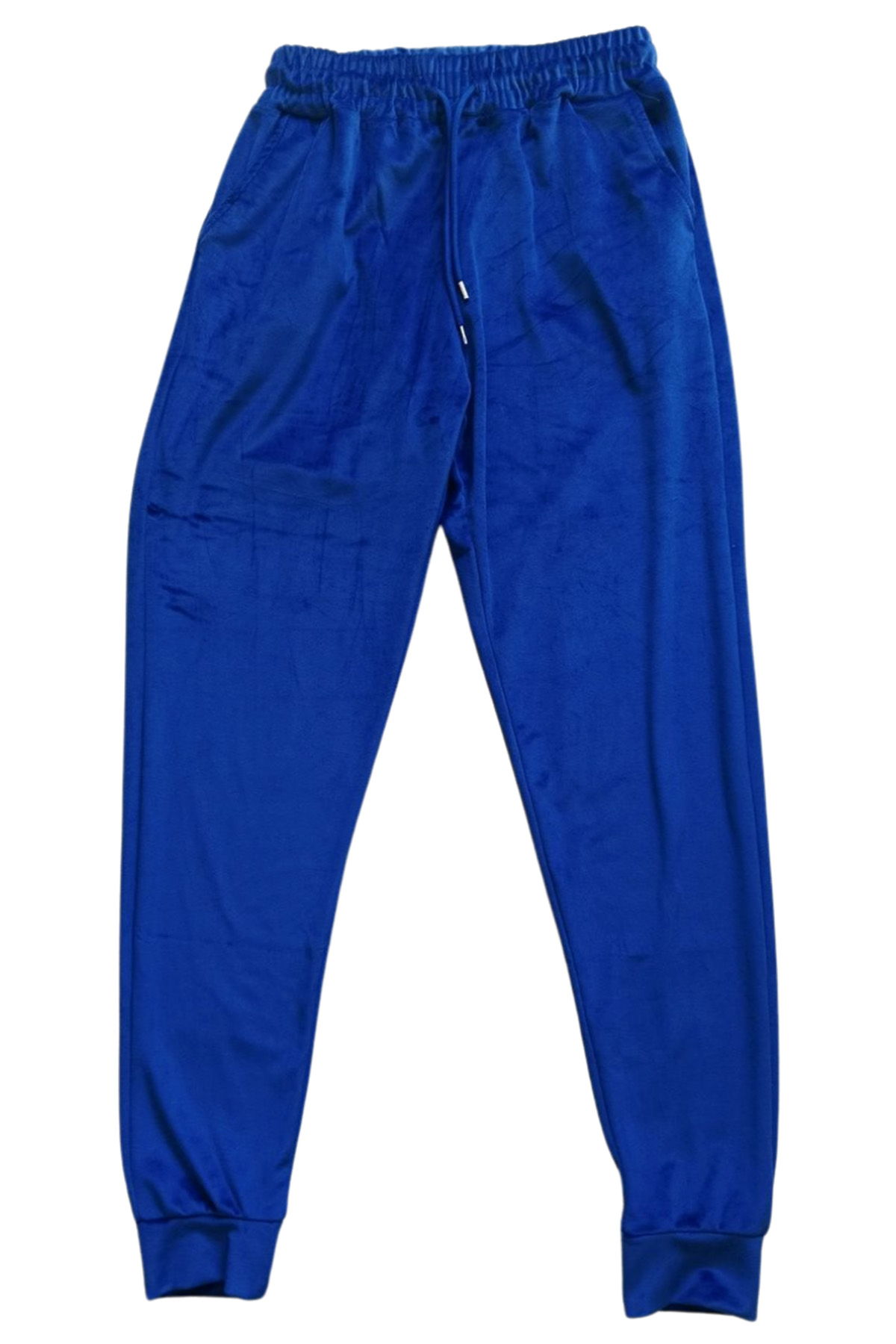 Parlak Kadife Cepli Pantolon Eşofman Pijama Altı Büyük Beden Unisex Lastikli Paça Mavi