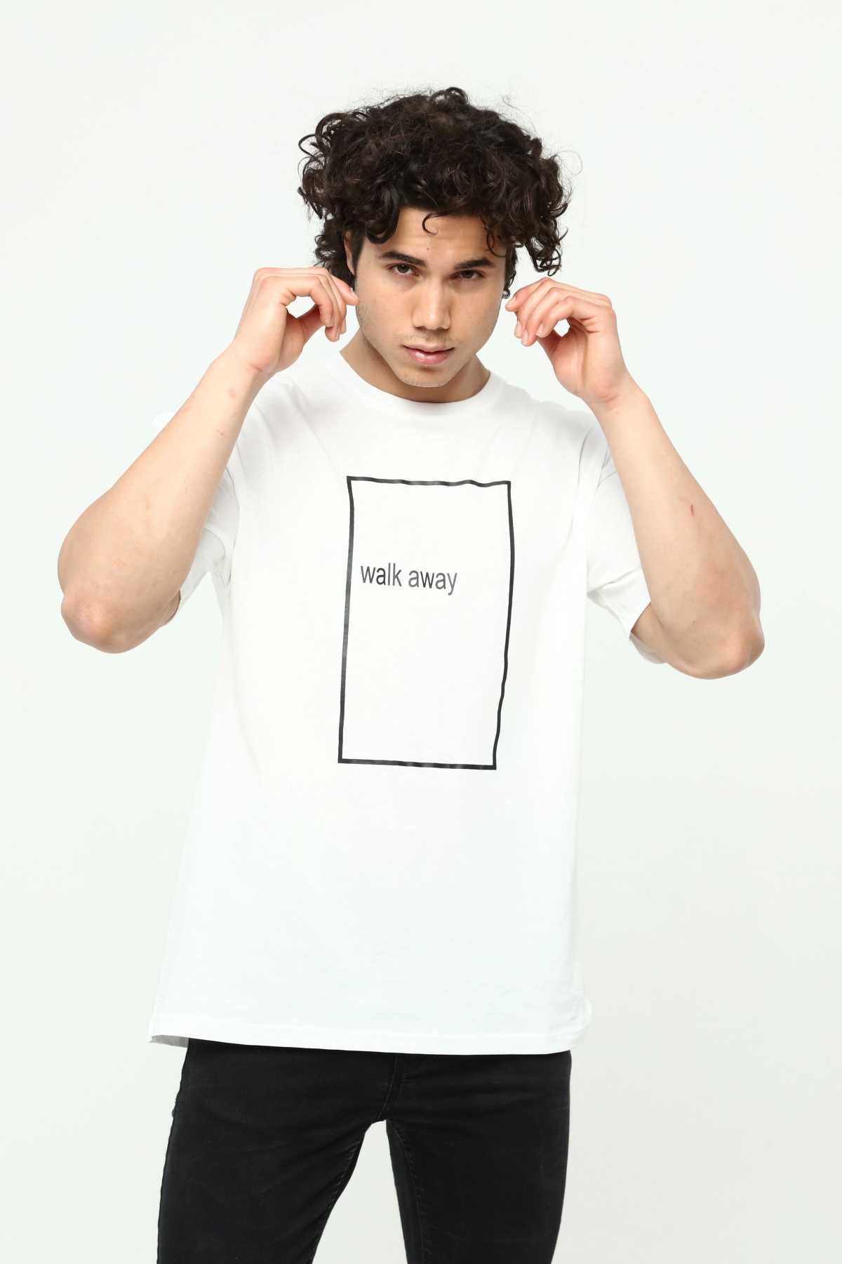 Walk Away Beyaz Erkek Bisiklet Yaka Oversize T-Shirt Çift Taraf Baskılı