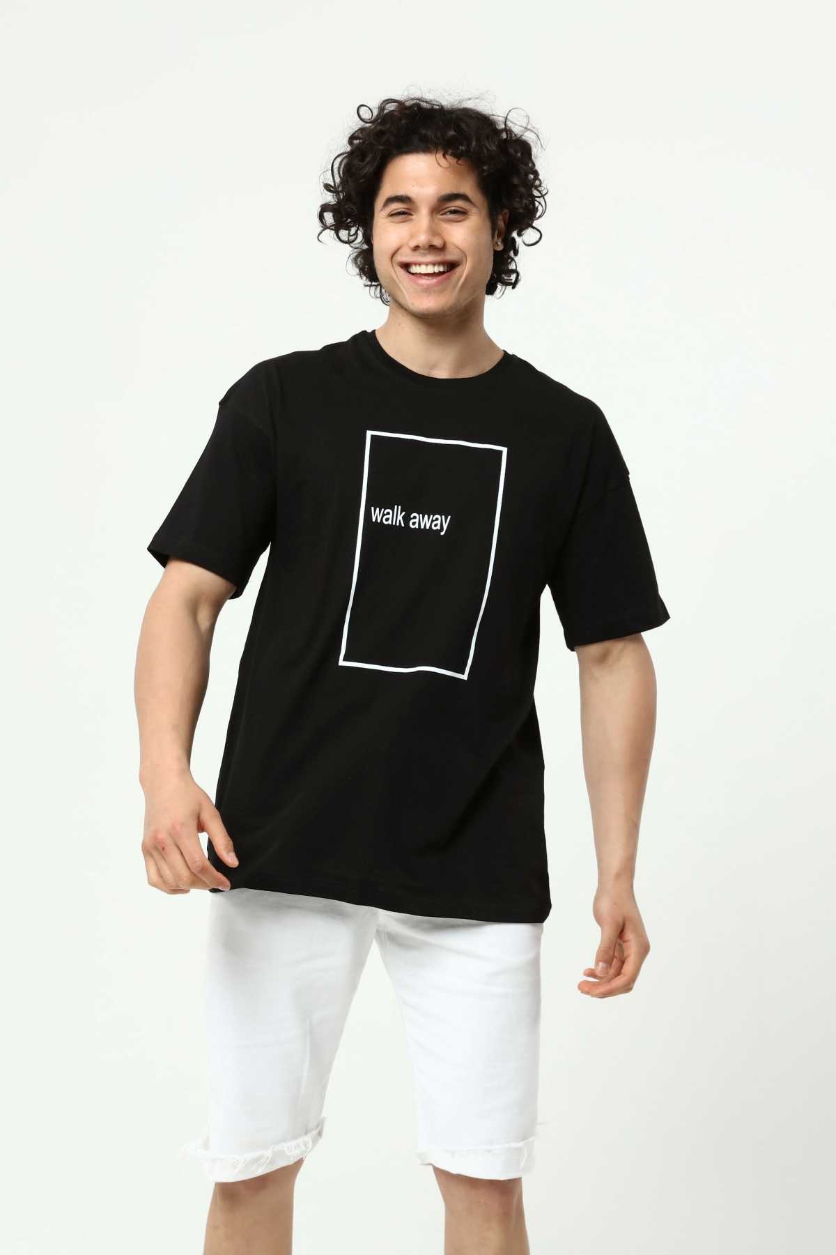 Walk Away Siyah Erkek Bisiklet Yaka Oversize T-Shirt Çift Taraf Baskılı