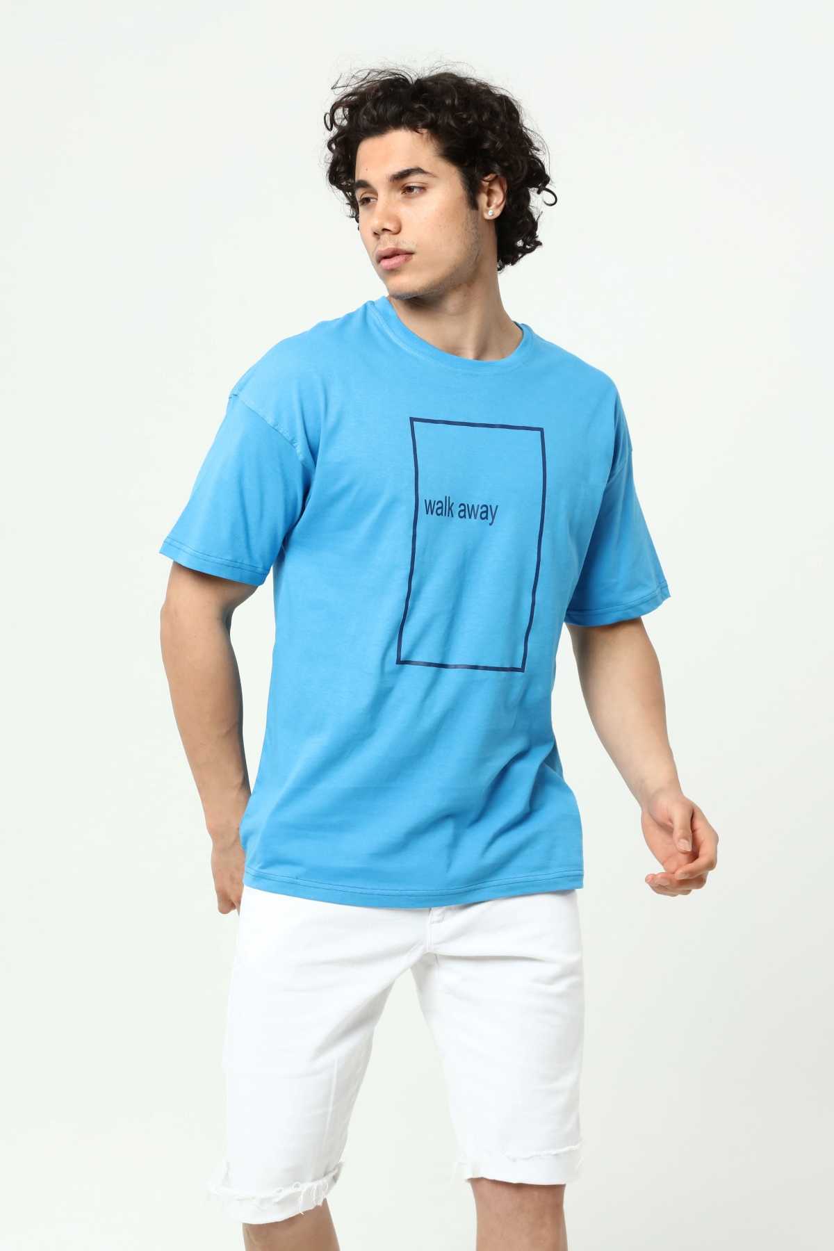 Walk Away Mavi Erkek Bisiklet Yaka Oversize T-Shirt Çift Taraf Baskılı