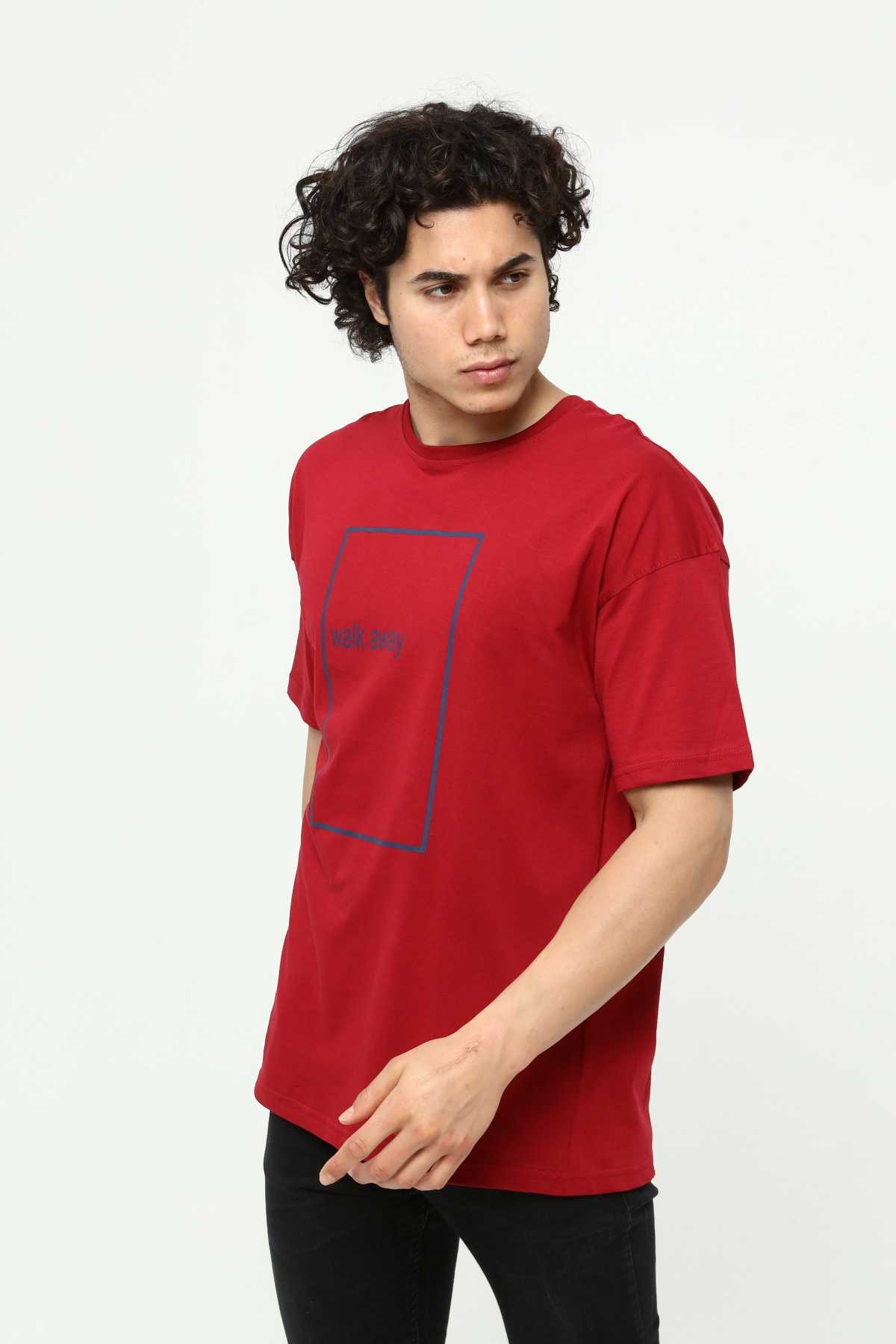 Walk Away Bordo Erkek Bisiklet Yaka Oversize T-Shirt Çift Taraf Baskılı
