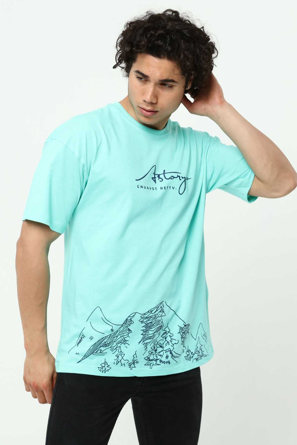 Astanya Baskılı Su Yeşili Erkek Bisiklet Yaka Oversize Kısa Kollu T-Shirt