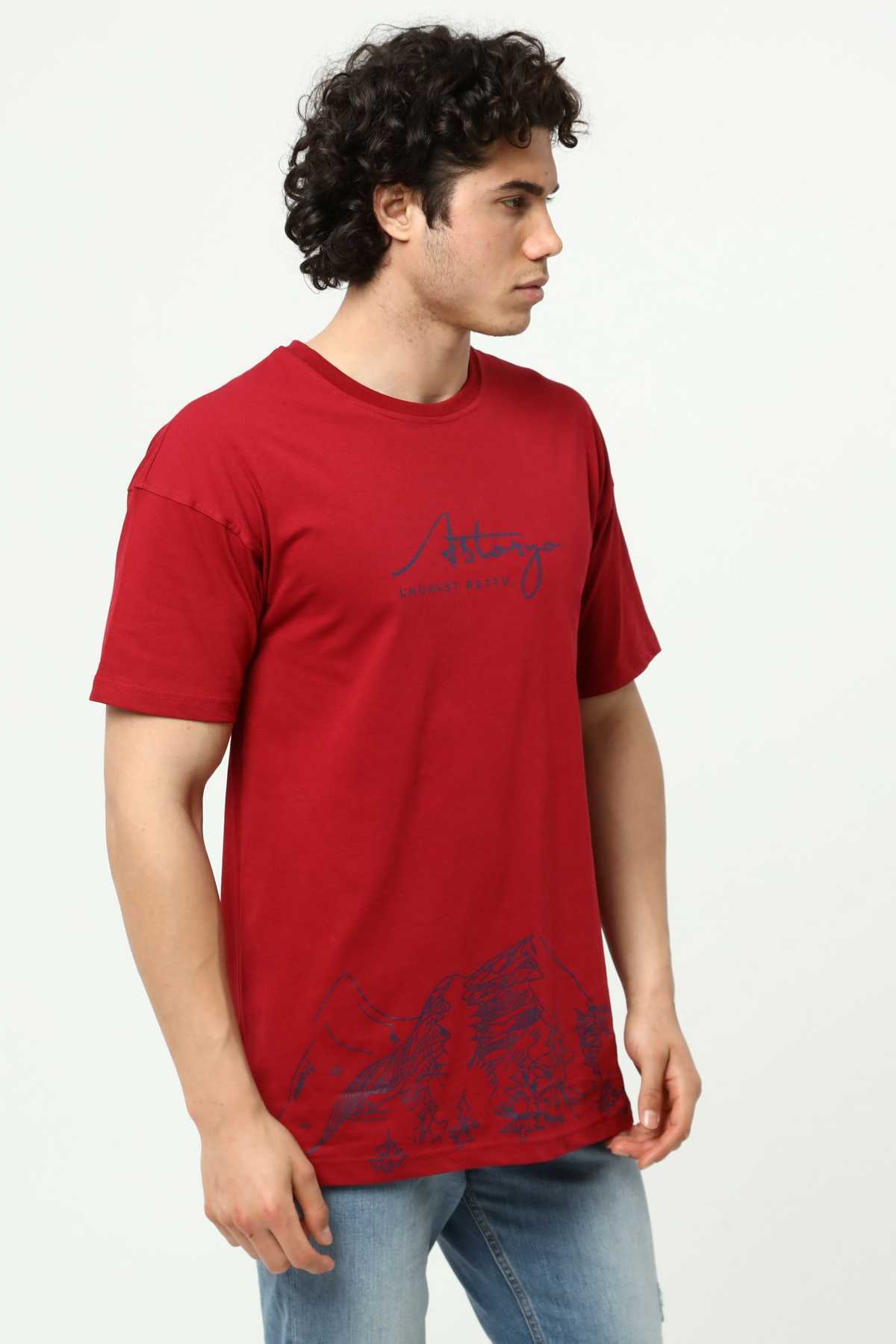 Astanya Baskılı Bordo Erkek Bisiklet Yaka Oversize Kısa Kollu T-Shirt