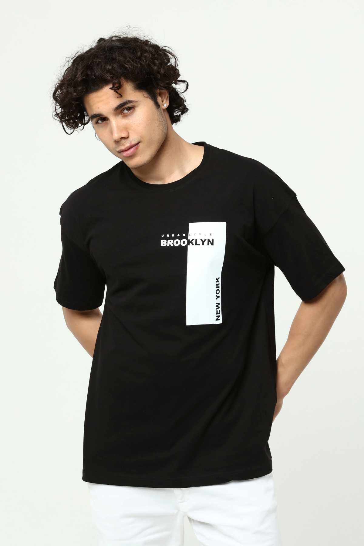 Brooklyn Siyah Erkek Bisiklet Yaka Oversize Kısa Kollu Baskılı T-Shirt
