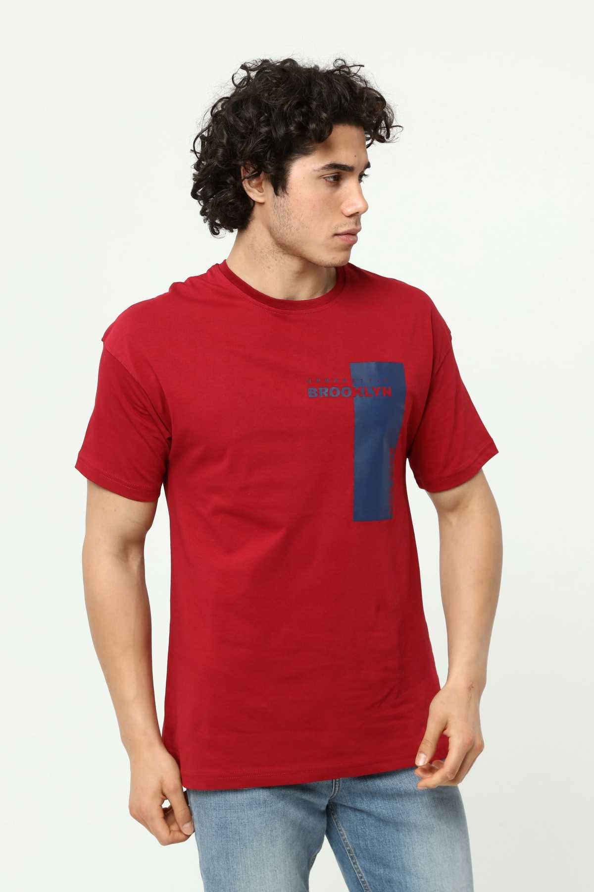Brooklyn Bordo Erkek Bisiklet Yaka Oversize Kısa Kollu Baskılı T-Shirt