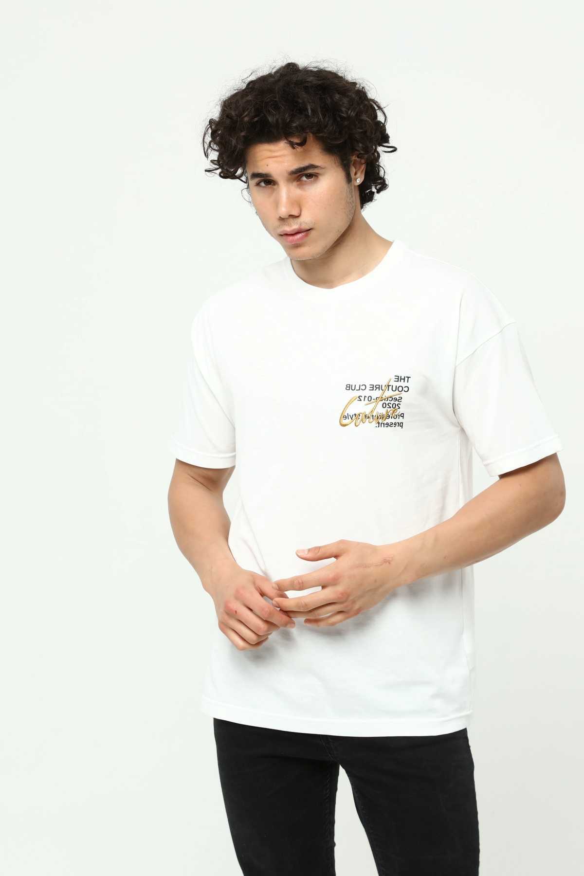 Beyaz Erkek Bisiklet Yaka Oversize Kısa Kollu Baskılı Nakış İşlemeli T-Shirt
