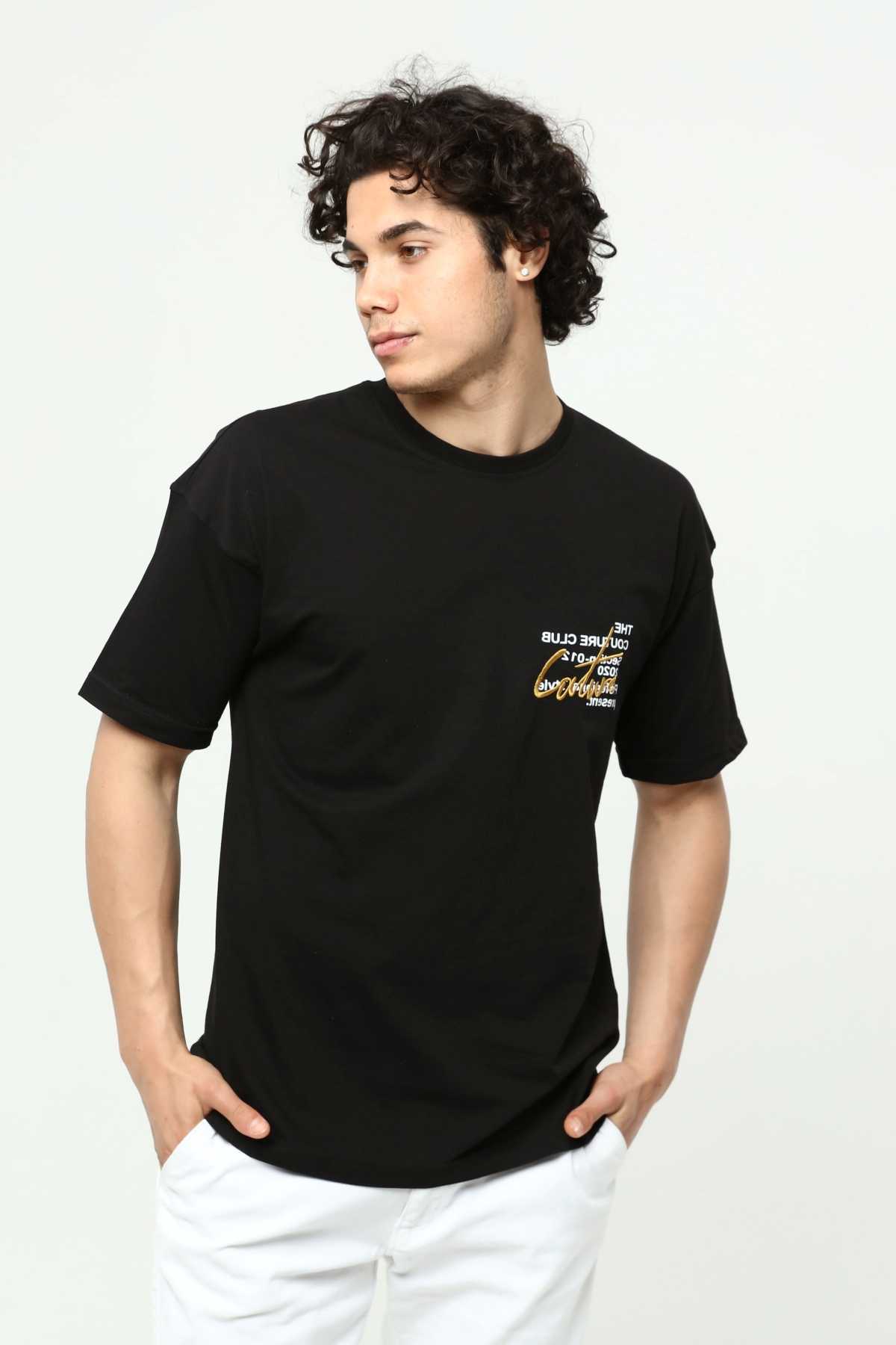 Siyah Erkek Bisiklet Yaka Oversize Kısa Kollu Baskılı Nakış İşlemeli T-Shirt