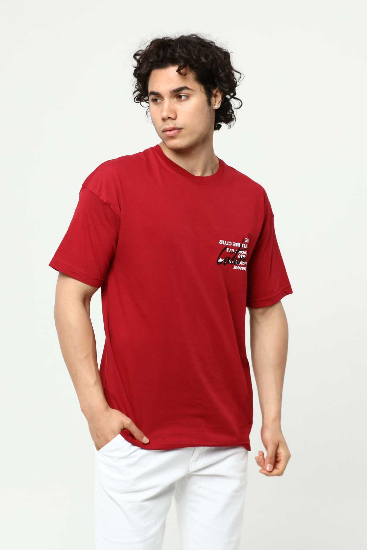 Bordo Erkek Bisiklet Yaka Oversize Kısa Kollu Baskılı Nakış İşlemeli T-Shirt
