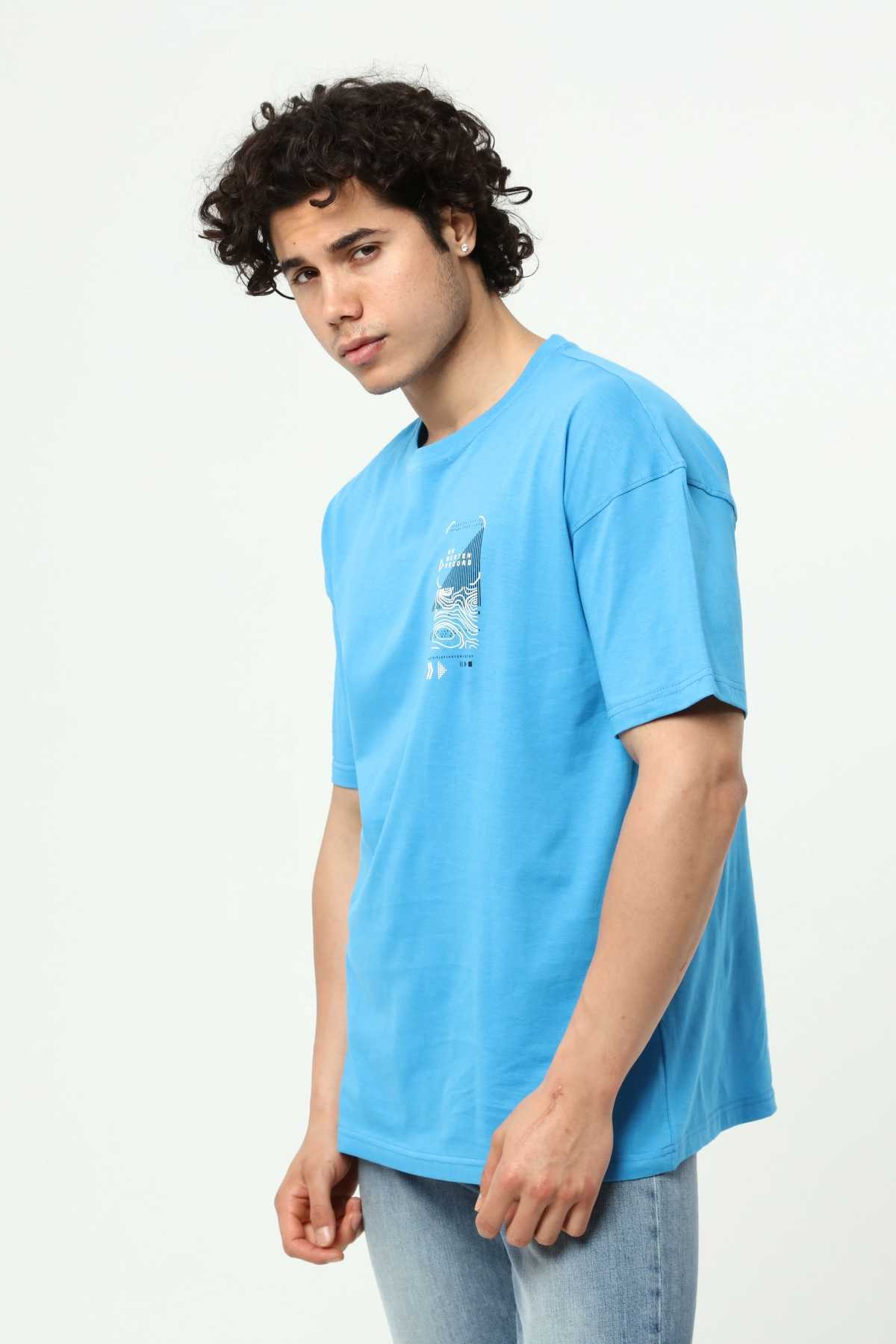 Mavi Erkek Baskılı Oversize T-Shirt