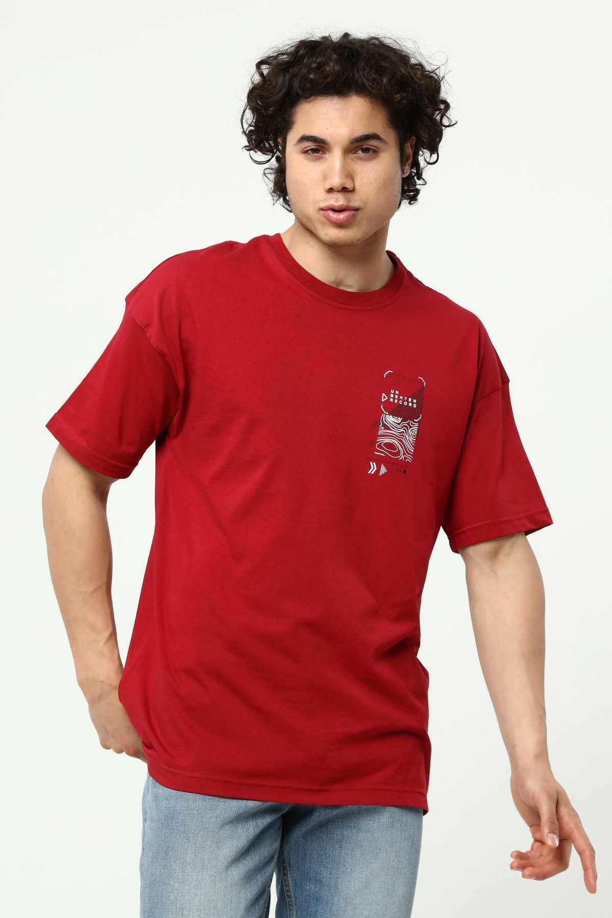 Bordo Erkek Baskılı Oversize T-Shirt