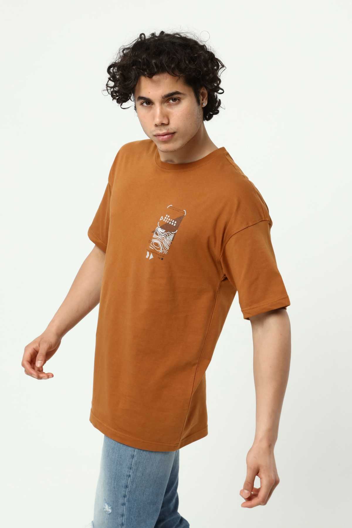 Kahve Erkek Baskılı Oversize T-Shirt