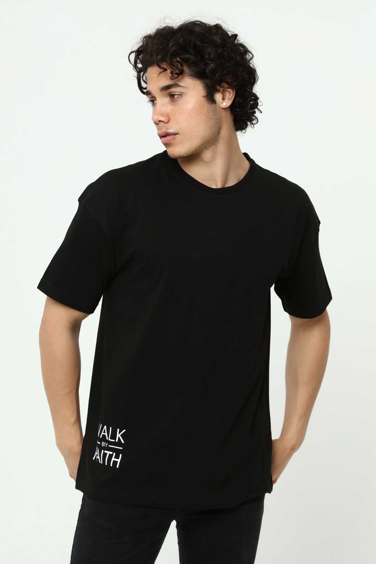 Walk By Faith Baskılı Siyah Erkek Oversize T-Shirt