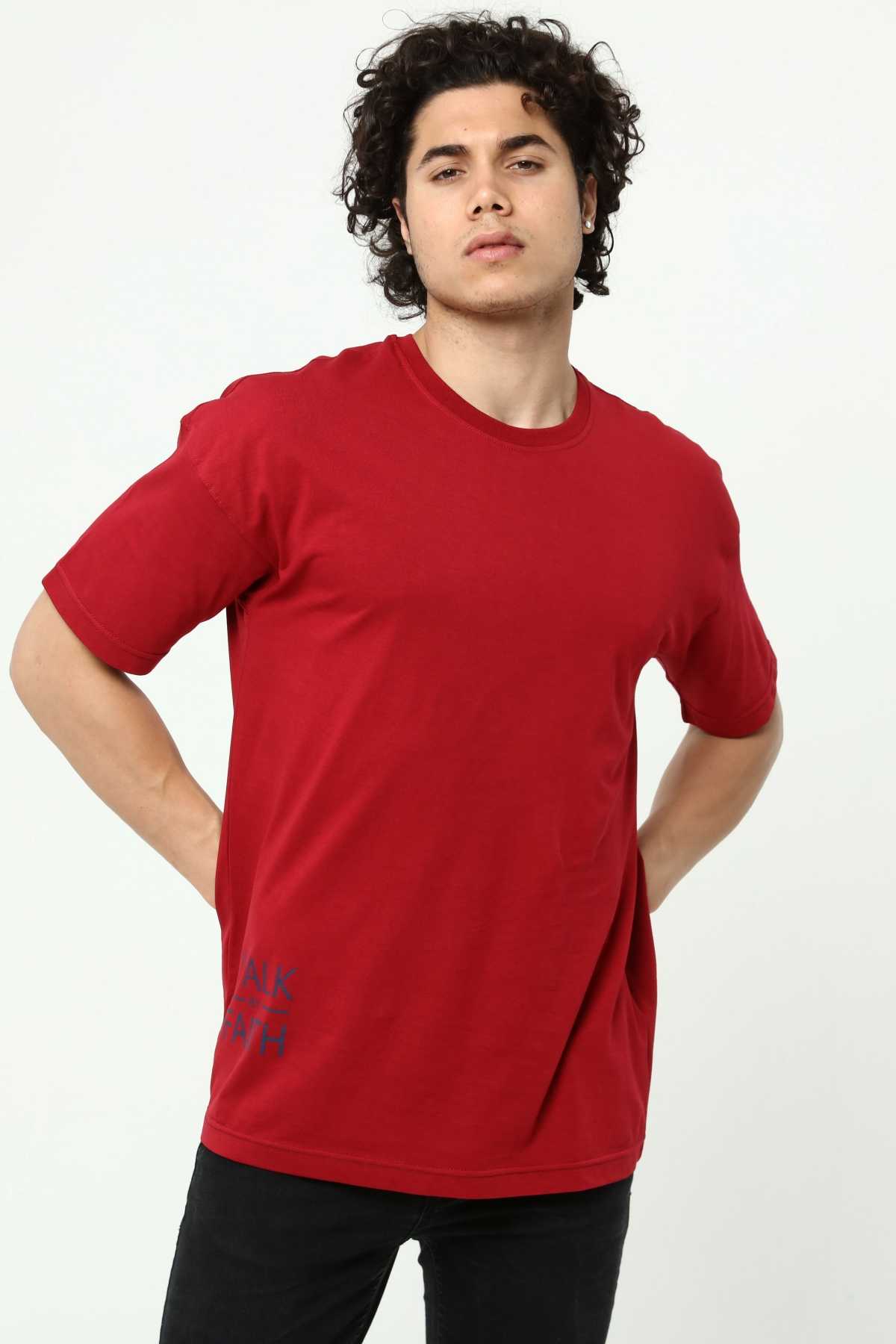 Walk By Faith Baskılı Bordo Erkek Oversize T-Shirt