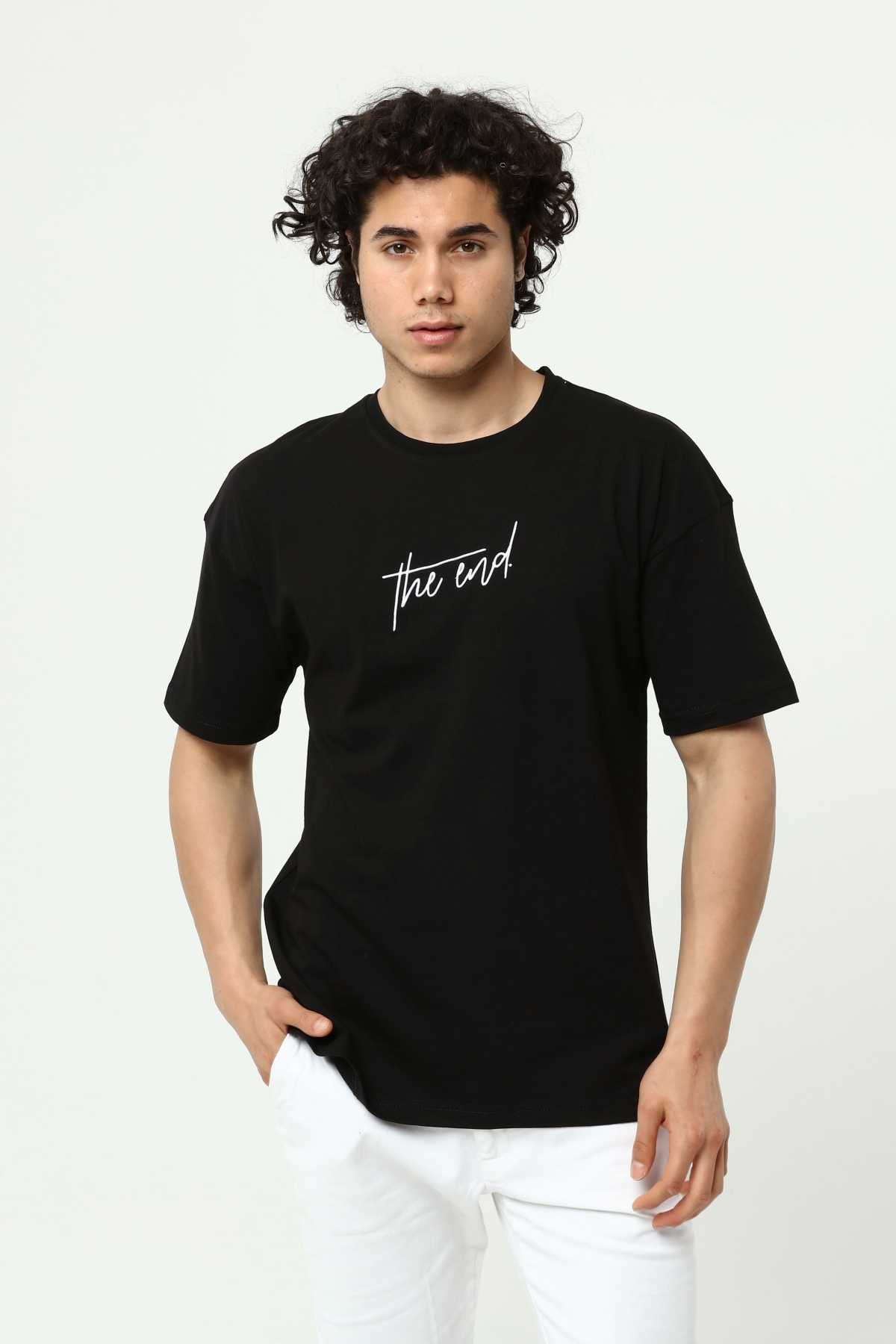 Siyah The End Nakış 3 Boyut Baskılı Erkek Oversize T-Shirt