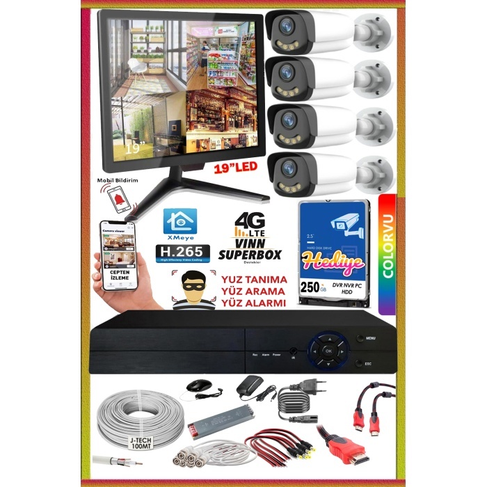 4 Kameralı 4K3050MH 19 250GB Gece Renkli 5MP Sony Lens HD XMeye Güvenlik Kamera Sistemi Cepten İzle