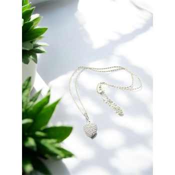 Taşlı Kalp Figürlü Gümüş Renk Kolye