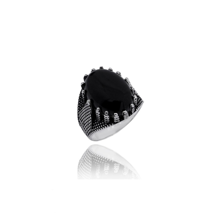 Oval Siyah Oniks Taşlı Kral Tacı Model Erkek Gümüş Erkek
