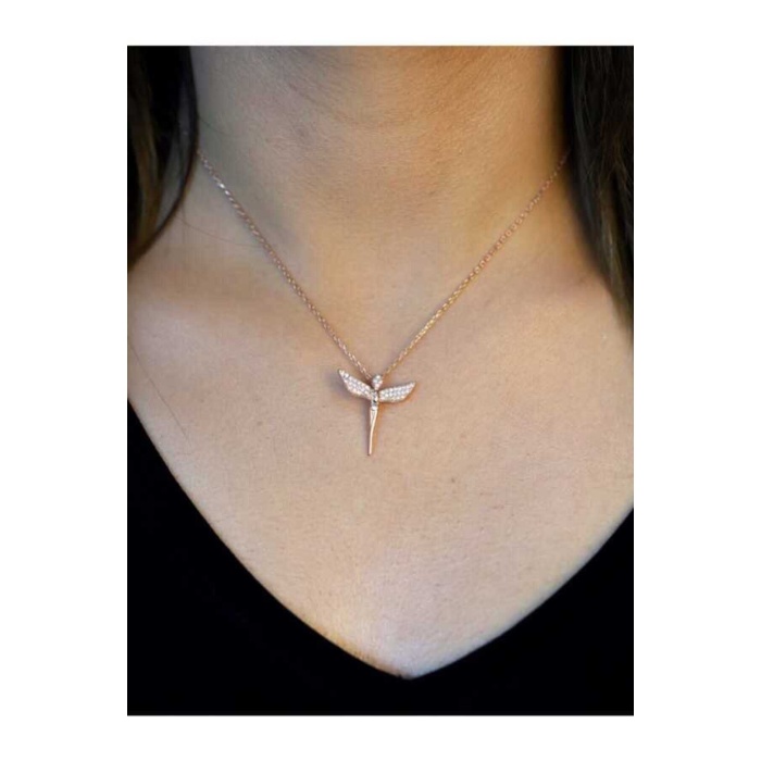 925 Ayar Zirkon Taşlı Peri Model Rose Kaplama Hayalet Kolye