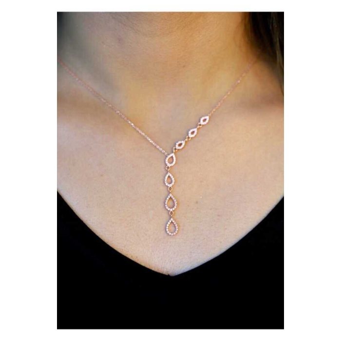 925 Ayar Zirkon Taşlı Damla Model Rose Kaplama Hayalet Kolye