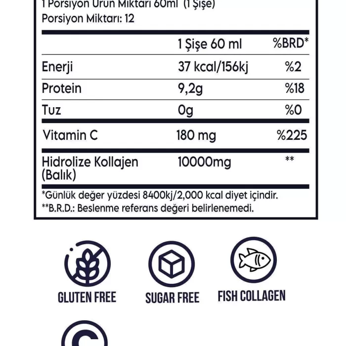 Vitanils Nutrition  MARINE COLLAGEN SHOT - 10.000mg - Vitamin C - Doğal Limon Aromalı 60ML*12