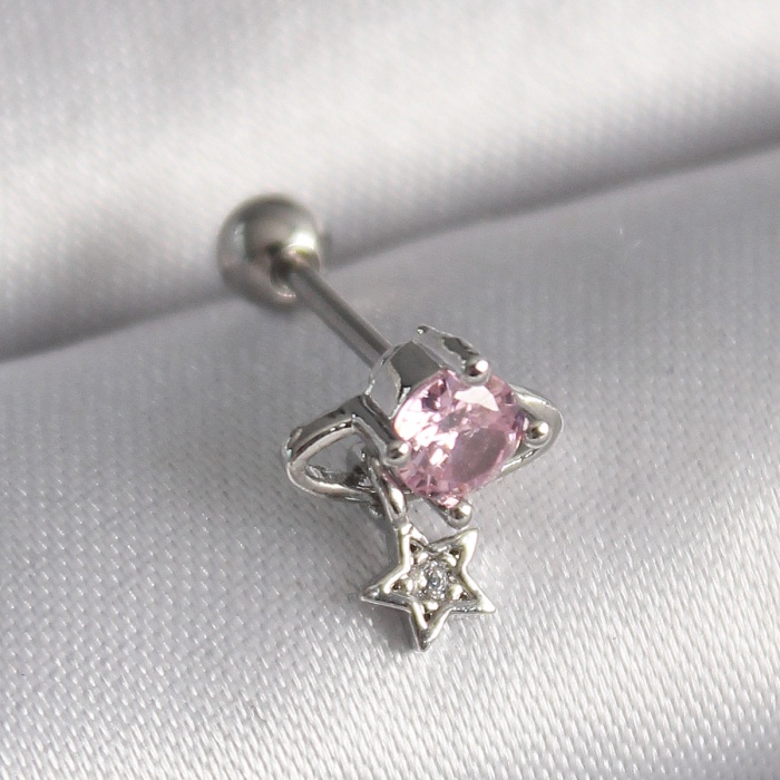 316L Çelik Gümüş Renk Pembe Zirkon Taşlı Sallantı Yıldız Detay Tragus Piercing