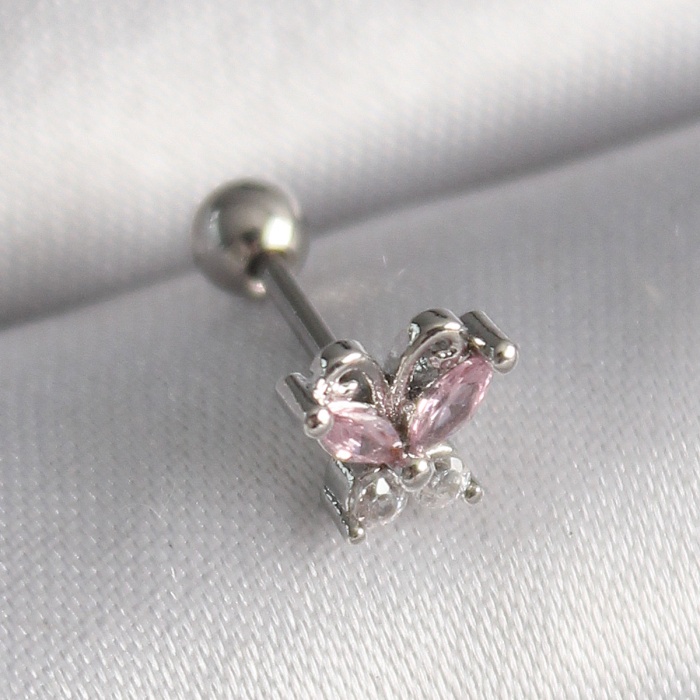 316L Çelik Gümüş Renk Pembe Zirkon Taşlı Kelebek Tragus Piercing