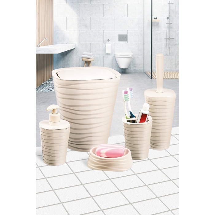 5 Parça Bej Pandora Banyo Seti, Çöp Kovası Tuvalet Fırçası 2 Sabunluk Diş Fırçalık
