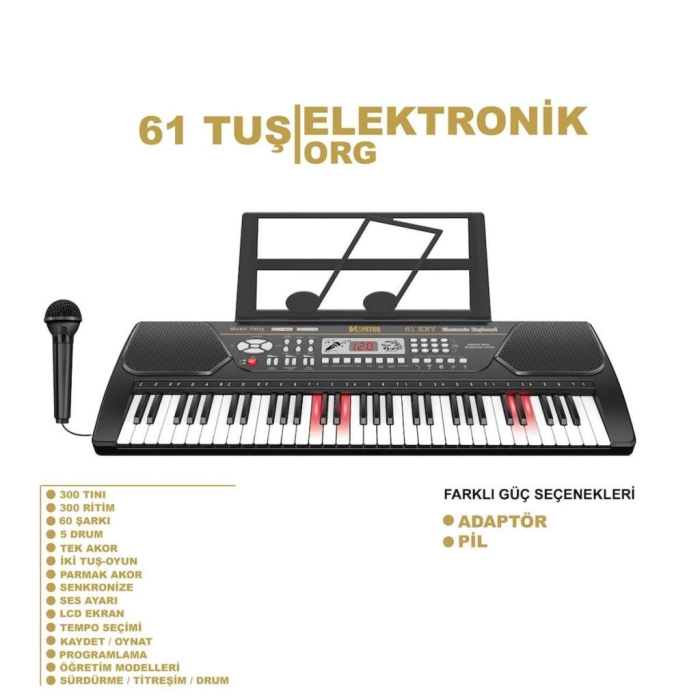 Eğlenceli ve Öğretici! 61 Tuşlu Işıklı Org + Mikrofon Hediyeli - Mikrofonlu Profesyonel Klavye!