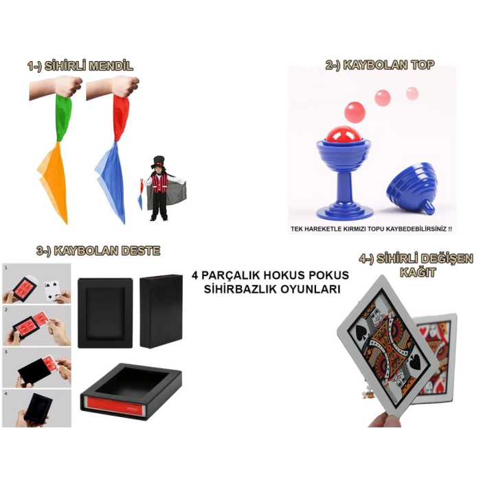 4lü Sihirbazlık Seti – Hokus Pokus Sihirli Numara Seti - Çocuklar İçin Eğitici ve Eğlenceli Sihirbazlık Seti