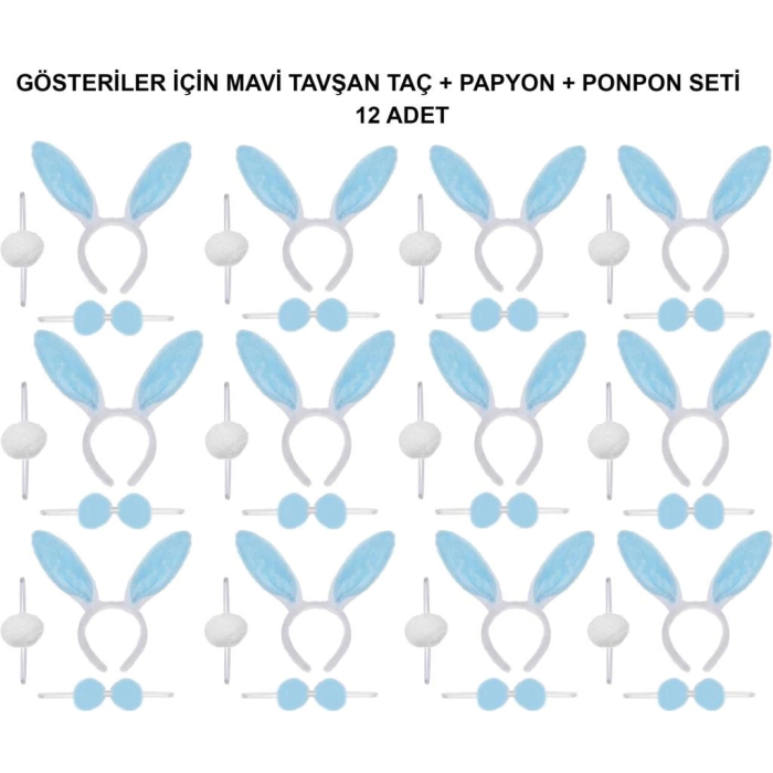 Mavi Tavşan Kostüm Seti – Taç, Papyon, Ponpon (12li Paket) - Eğitici ve Eğlenceli Tavşan Kostümü
