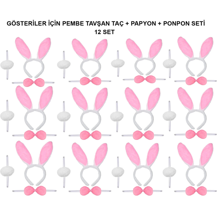 Pembe Tavşan Kostüm Seti – Taç, Papyon, Ponpon (12’li Paket)