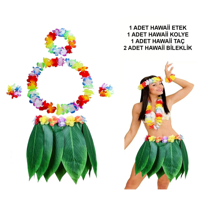 Yetişkin Hawaii Kostüm Seti - Yaprak Etek  Hawaii Set - 5 Parça