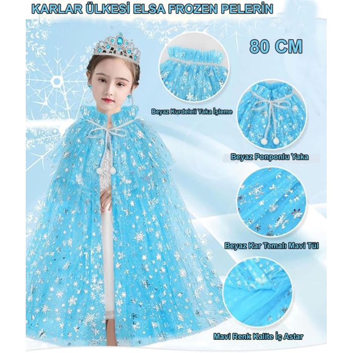 Nessiworld Karlar Ülkesi Elsa Frozen Mavi Pelerin – 80 cm Kar Desenli Çocuk Pelerini ( Taç Hariç )