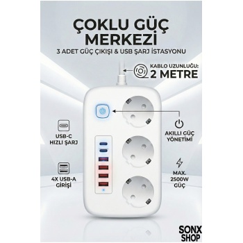 ® Yeni Ürün 2500W Çoklu Priz 2 METRE3’lü AC Priz +5 USB Çıkışı AKIM KORUMALI Alev Almayan Gövde,