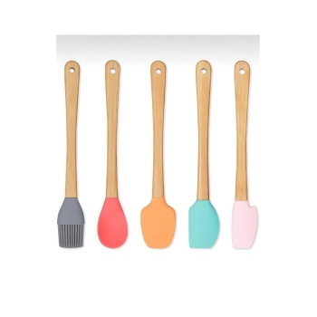Spatula Fırçalı Kaşık Seti Ahşap Saplı Silikon Uçlu Yemek Hazırlık Seti 21 Cm